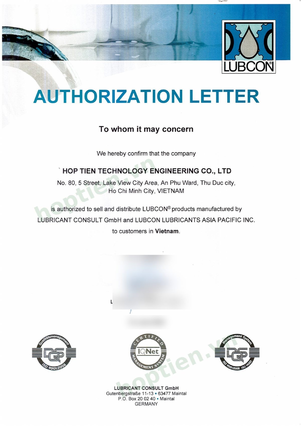 LUBCON Authorization Letter: Hop Tien Technology Engineering Co., Ltd is authorized to sell and distribute LUBCON products to customers in Vietnam